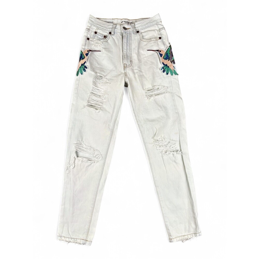 Pull & Bear White Distressed Ankle Jeans Hummingbird Embroidered Size 2